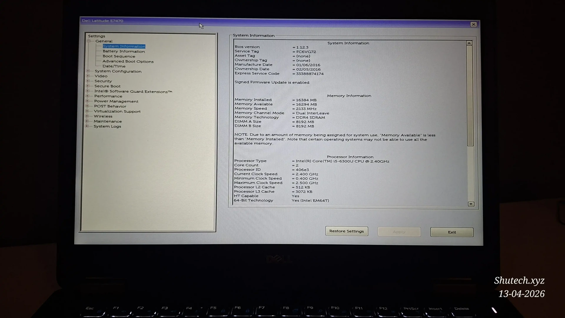 Dell Latitude specs screen UEFI